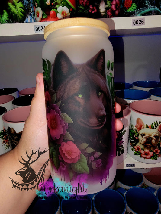 Verre en vitre givré 16oz & Couvercle en Bambou - Loup