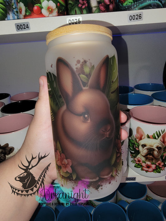 Verre en vitre givré 16oz & Couvercle en Bambou - Lapin Nain Brun