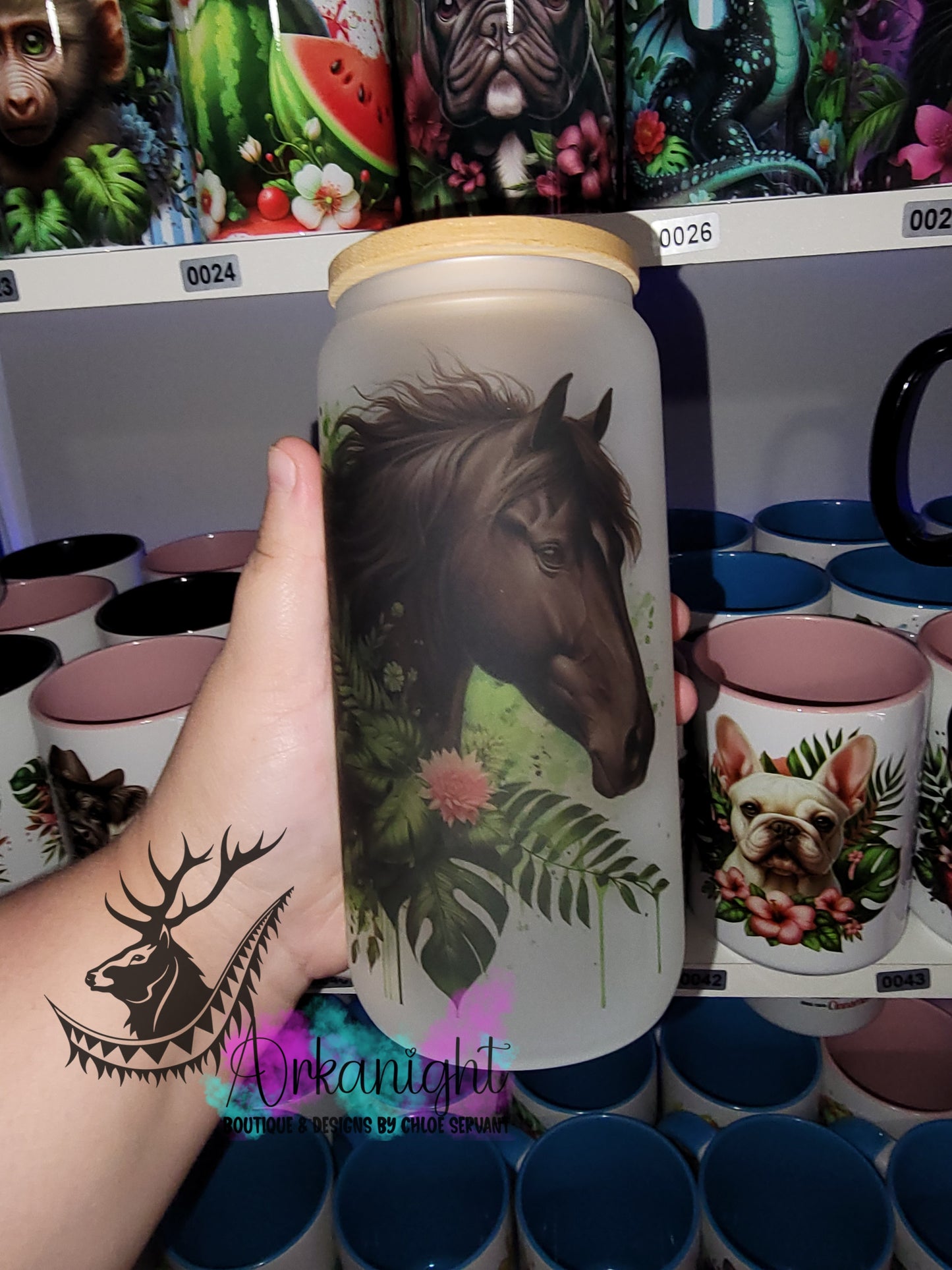 Verre en vitre givré 16oz & Couvercle en Bambou - Cheval Noir