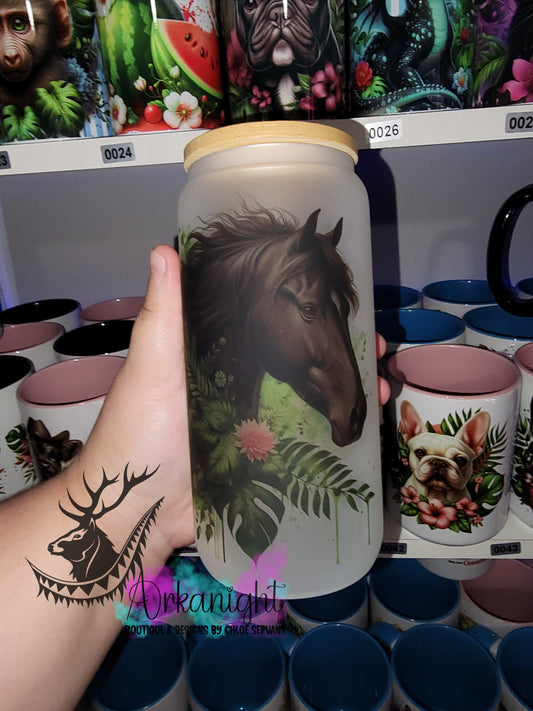 Verre en vitre givré 16oz & Couvercle en Bambou - Cheval Noir