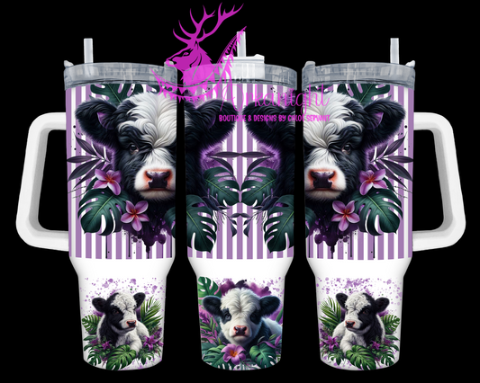 Gourde 40 oz sur commande - Collection Monstera & Animals - Vache Highland Blanche & Noire