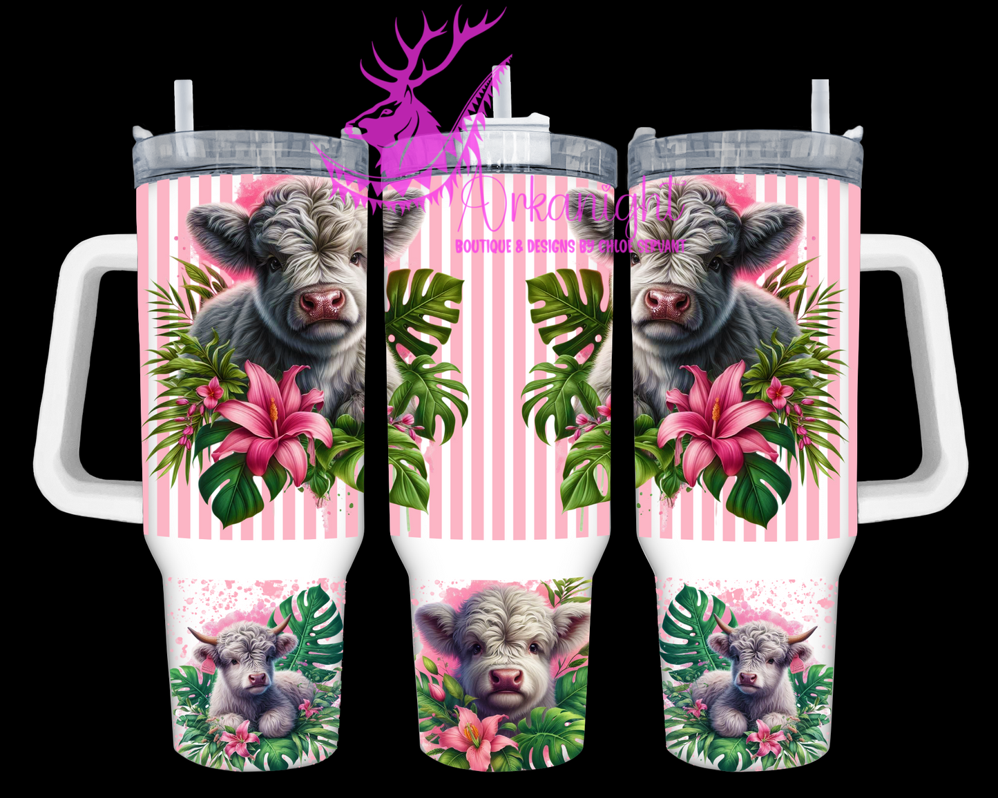 Gourde 40 oz sur commande - Collection Monstera & Animals - Vache Highland Grise