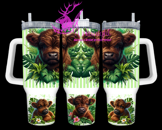 Gourde 40 oz sur commande - Collection Monstera & Animals - Vache Highland Brune