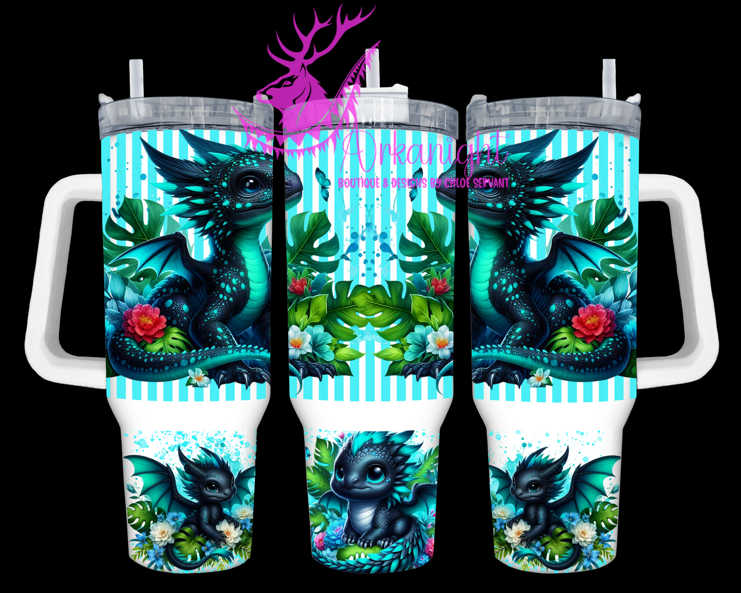 Numérique 40 oz - Collection Monstera & Bébé Dragon - Noir & Turquoise