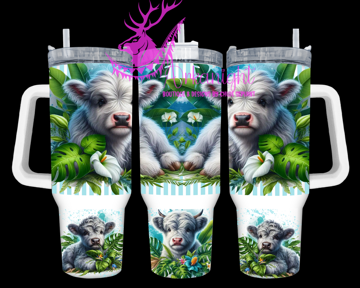 Numérique 40 oz - Collection Monstera & Animals- Grey & White Highland Cow