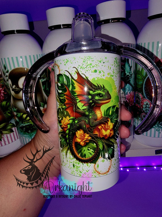 Gourde - Biberon Évolutif sur commande - Monstera & Bébé Dragon - Noir, Vert & Orange