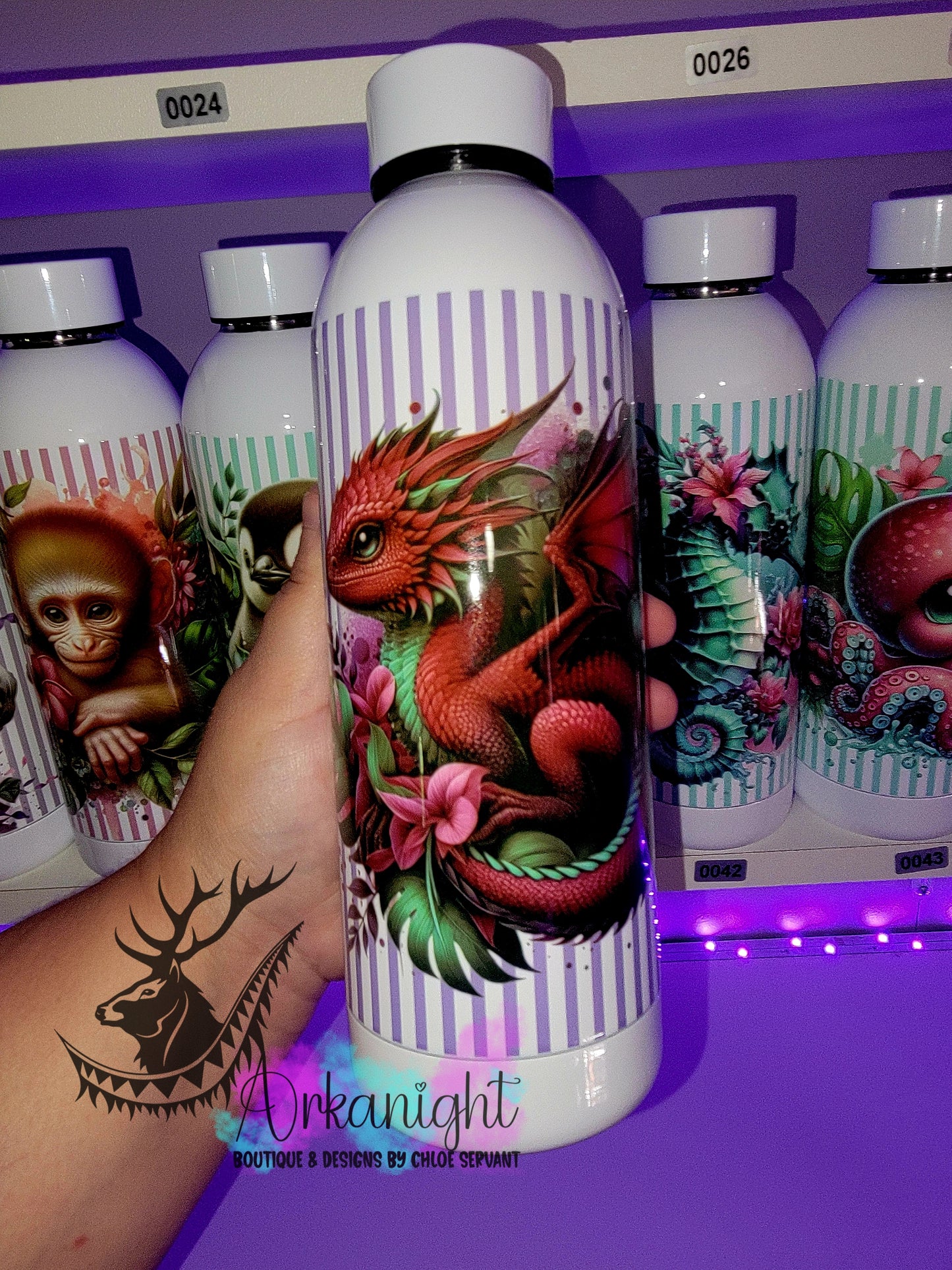 Bouteille d'eau 17 OZ Sur Commande - Isotherme - Monstera & Dragon - Bourgogne & Turquoise