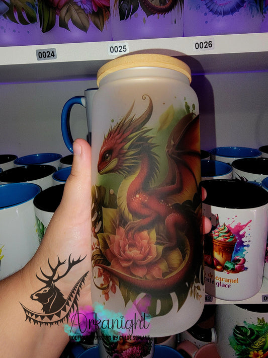 Verre en vitre givré 16oz & Couvercle en Bambou - Bébé Dragon Bourgogne & Vert