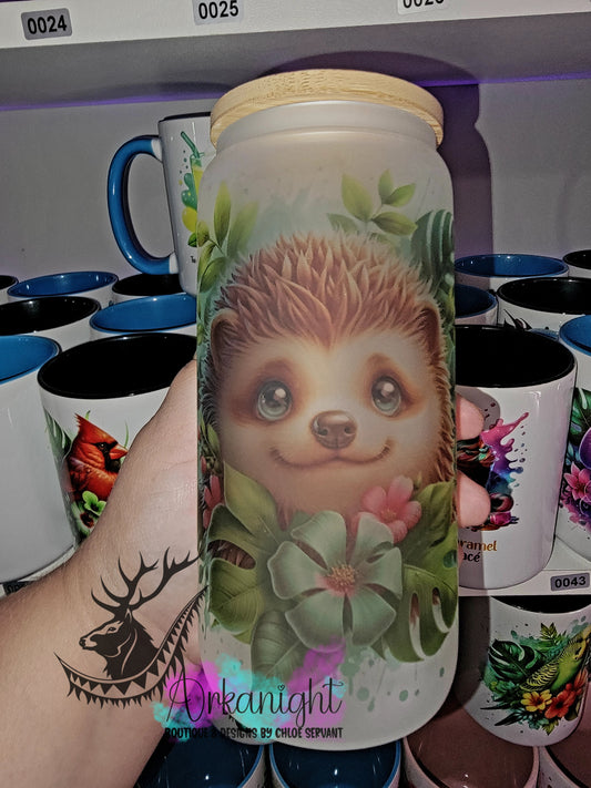 Verre en vitre givré 16oz & Couvercle en Bambou - Hérisson