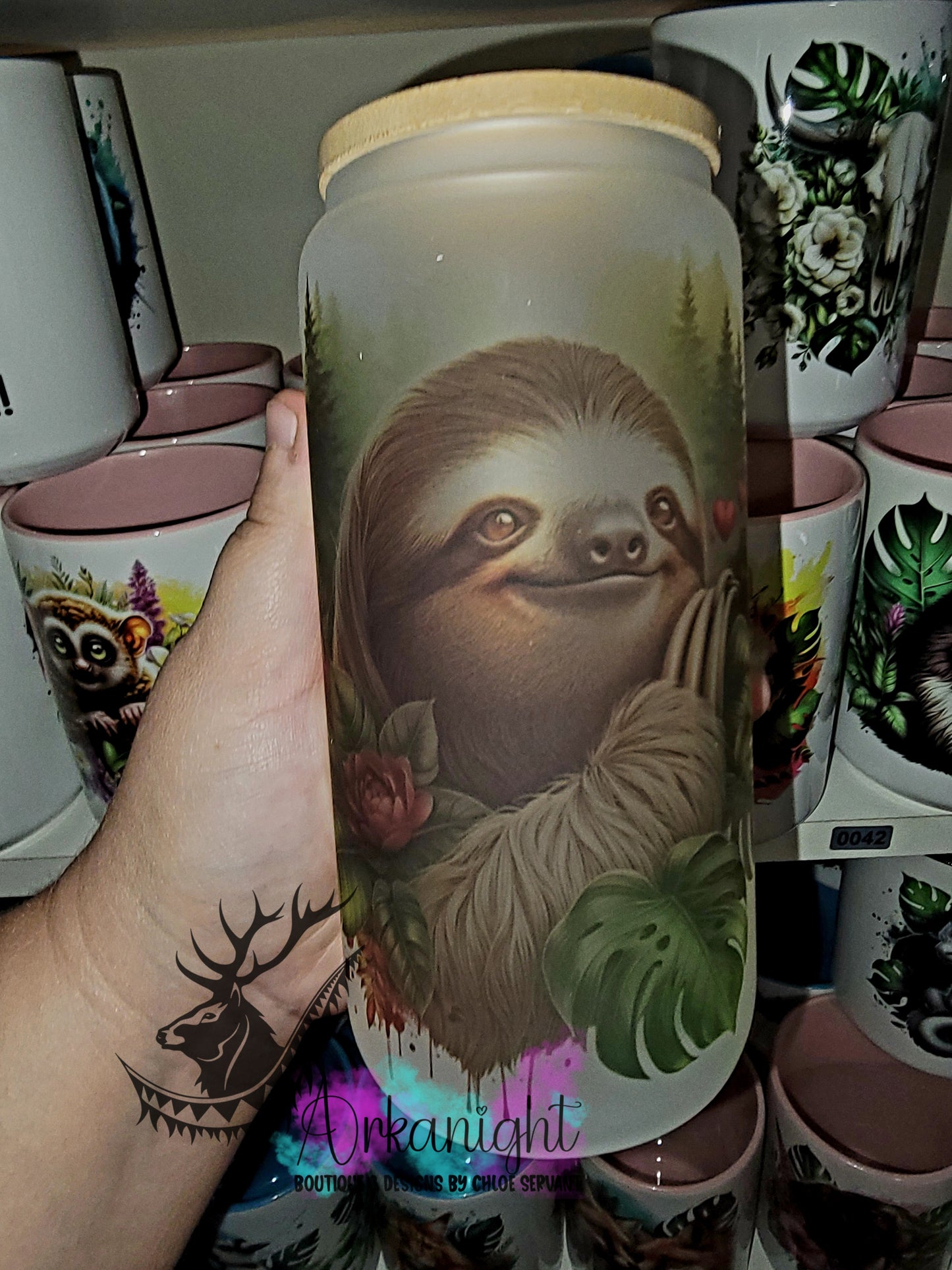 Verre en vitre givré 16oz & Couvercle en Bambou - Paresseux