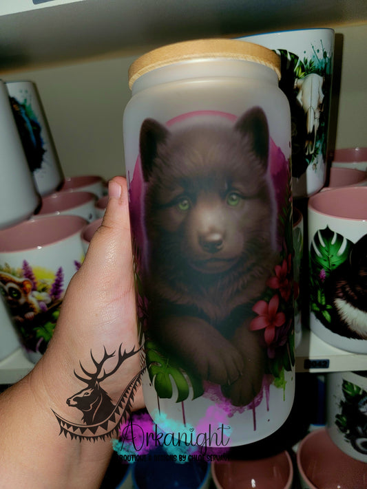 Verre en vitre givré 16oz & Couvercle en Bambou - Louveteau