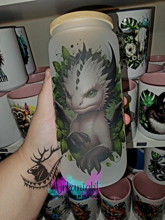 Verre en vitre givré 16oz & Couvercle en Bambou - Dragon Bland & Bleu Marine