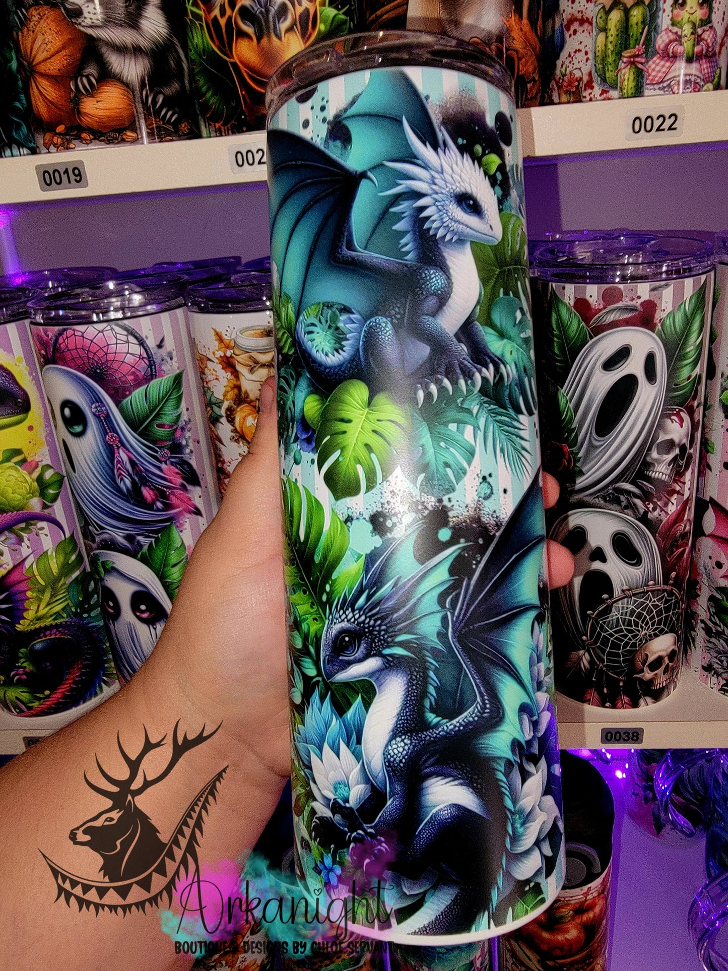 Gourde sur commande - Collection Monstera & Bébé Dragon - Noir, Turquoise & Blanc