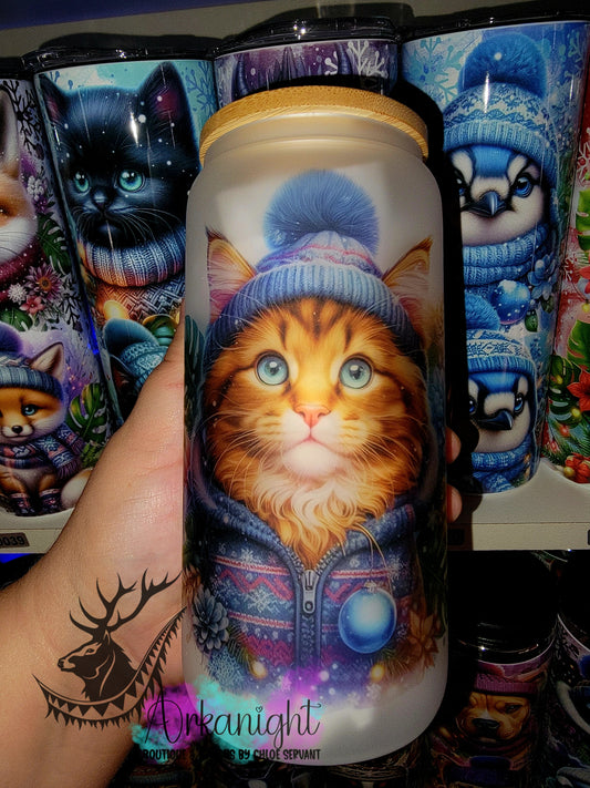 Verre en vitre givré 16oz & Couvercle en Bambou - Collection Hiver 2025 - Mainecoon Brun Tigré