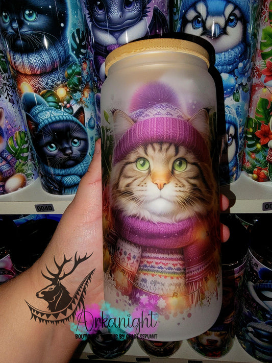 Verre en vitre givré 16oz & Couvercle en Bambou - Collection Hiver 2025 - Chat Tabbie