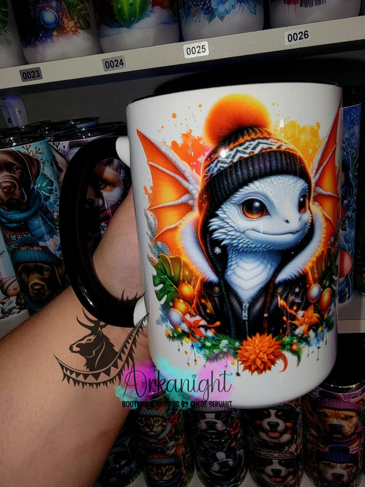 Tasse en céramique sur commande - Collection Hiver 2025 - Dragon Blanc , Noir & Orange Fluot