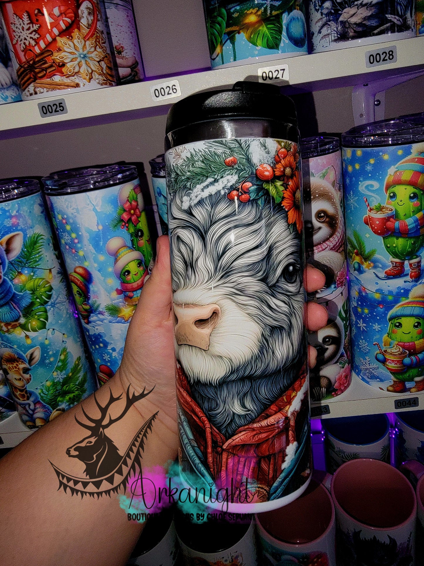 Gourde sur commande - Couvercle à café - 14 oz - Collection Hiver & Noël 2025 - Vache Highland Grise