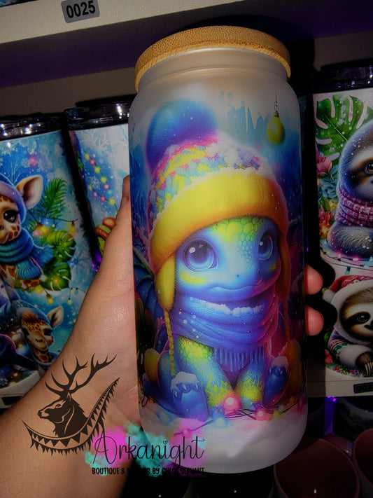 Verre en vitre givré 16oz & Couvercle en Bambou - Collection Hiver 2025 - Dragon Multicolors