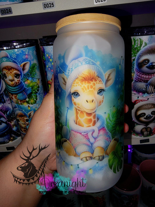 Verre en vitre givré 16oz & Couvercle en Bambou - Collection Hiver 2025 - Giraffe