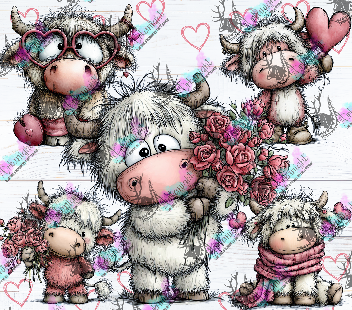 Numérique - Collection Saint-Valentin Vintage 2026 - Old Rose Cute White and Gray Highland Cow