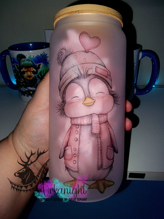Verre en vitre givré 16oz & Couvercle en Bambou - Collection Saint-Valentin 2026 - Pingouin Vintage