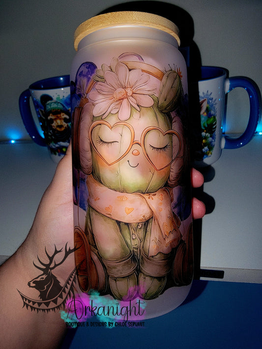 Verre en vitre givré 16oz & Couvercle en Bambou - Collection Saint-Valentin 2026 - Cactus Amoureux