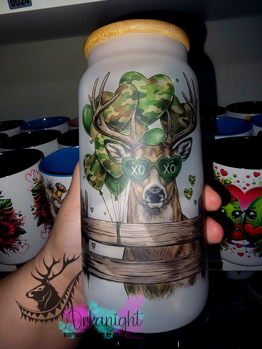 Verre en vitre givré 16oz & Couvercle en Bambou - Collection Saint-Valentin - Lover Deer Camo