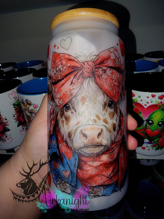 Verre en vitre givré 16oz & Couvercle en Bambou - Collection Saint-Valentin - Vache coquette