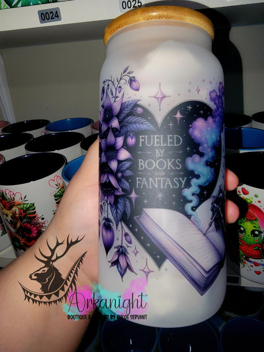 Verre en vitre givré 16oz & Couvercle en Bambou - Collection Lecture - Fueled by books & Fantasy