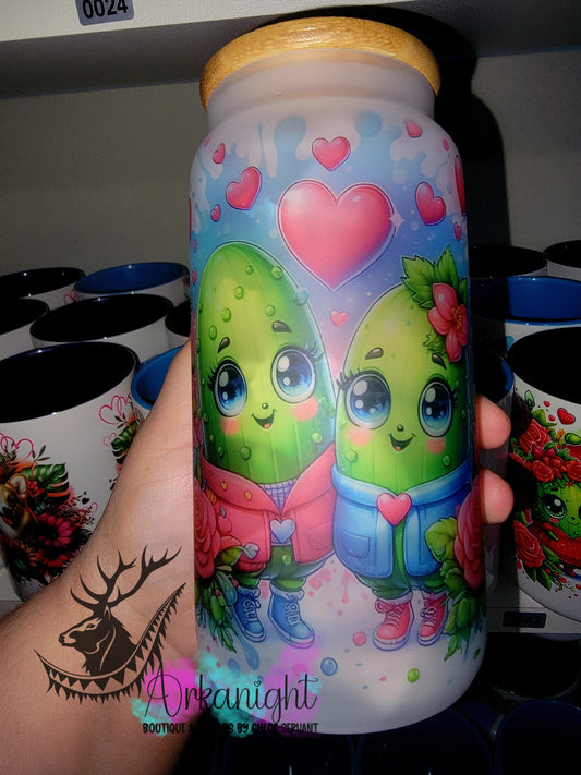 Verre en vitre givré 16oz & Couvercle en Bambou - Collection Saint-Valentin - Couple de Cornichons