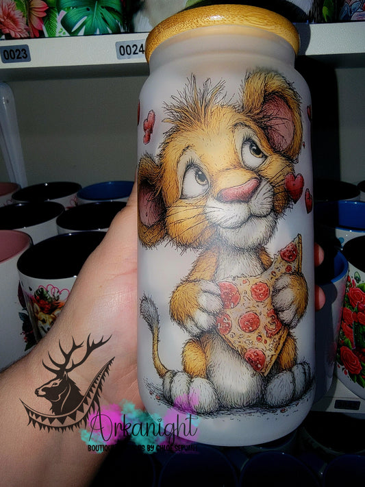 Verre en vitre givré 16oz & Couvercle en Bambou - Collection Saint-Valentin - Lionceau amoureux de pizza