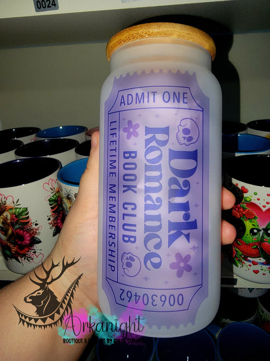 Verre en vitre givré 16oz & Couvercle en Bambou - Collection Lecture - Dark Romance Book Club