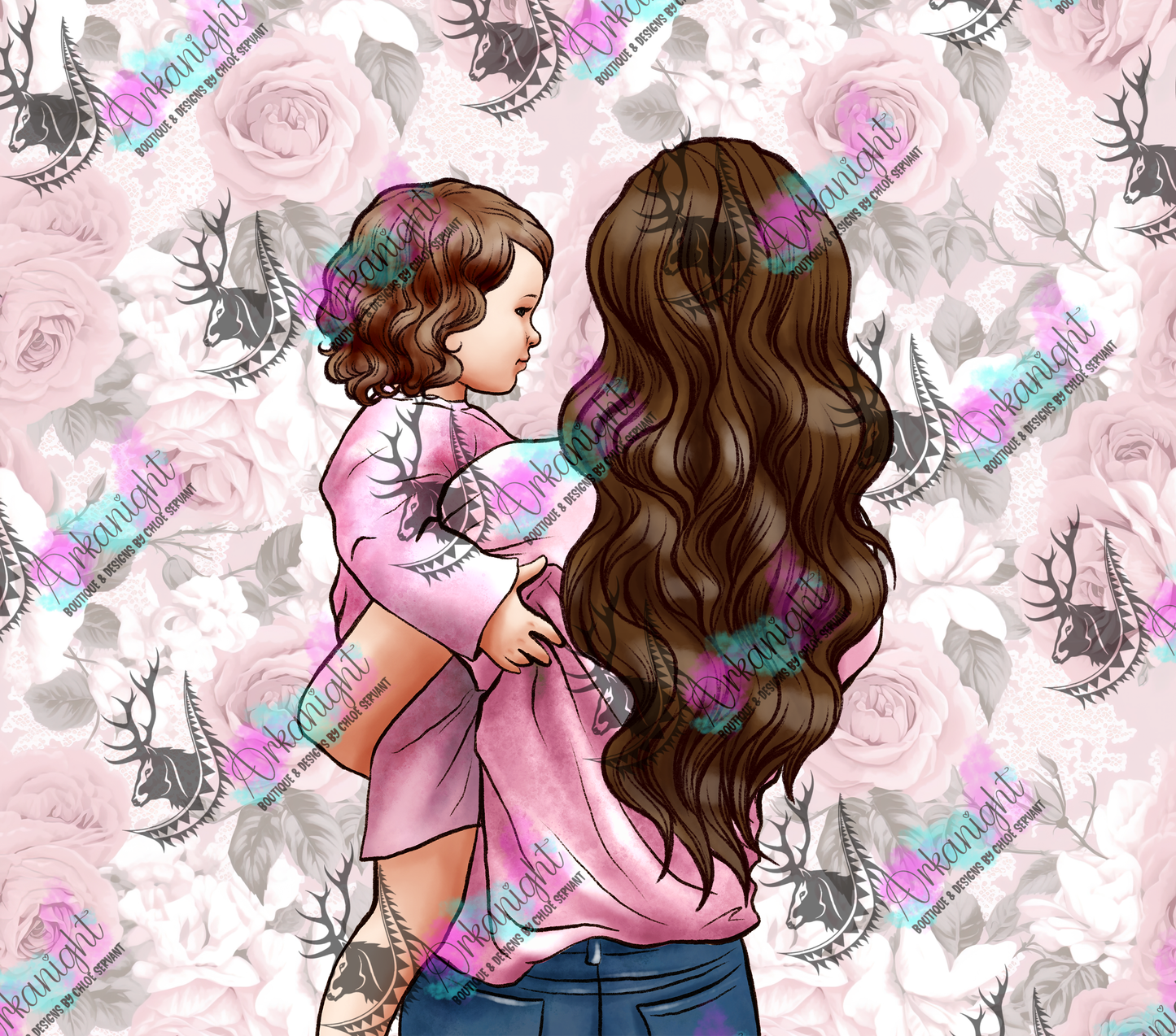 Numérique - Collection Fête des mères 2026 - Maman & Fillette - Cheveux Brun , Blond , Noir - Thème Rose