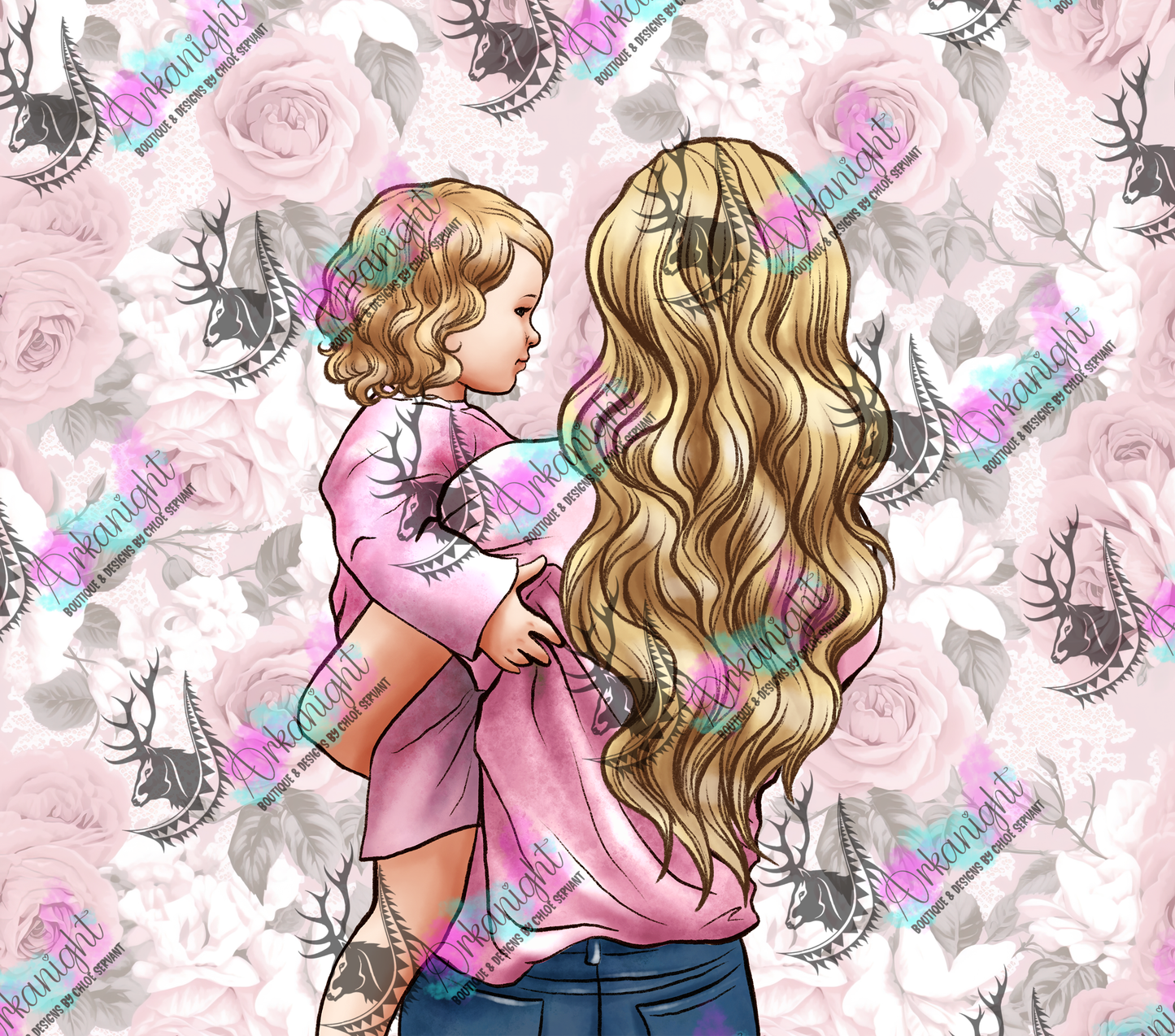 Numérique - Collection Fête des mères 2026 - Maman & Fillette - Cheveux Brun , Blond , Noir - Thème Rose