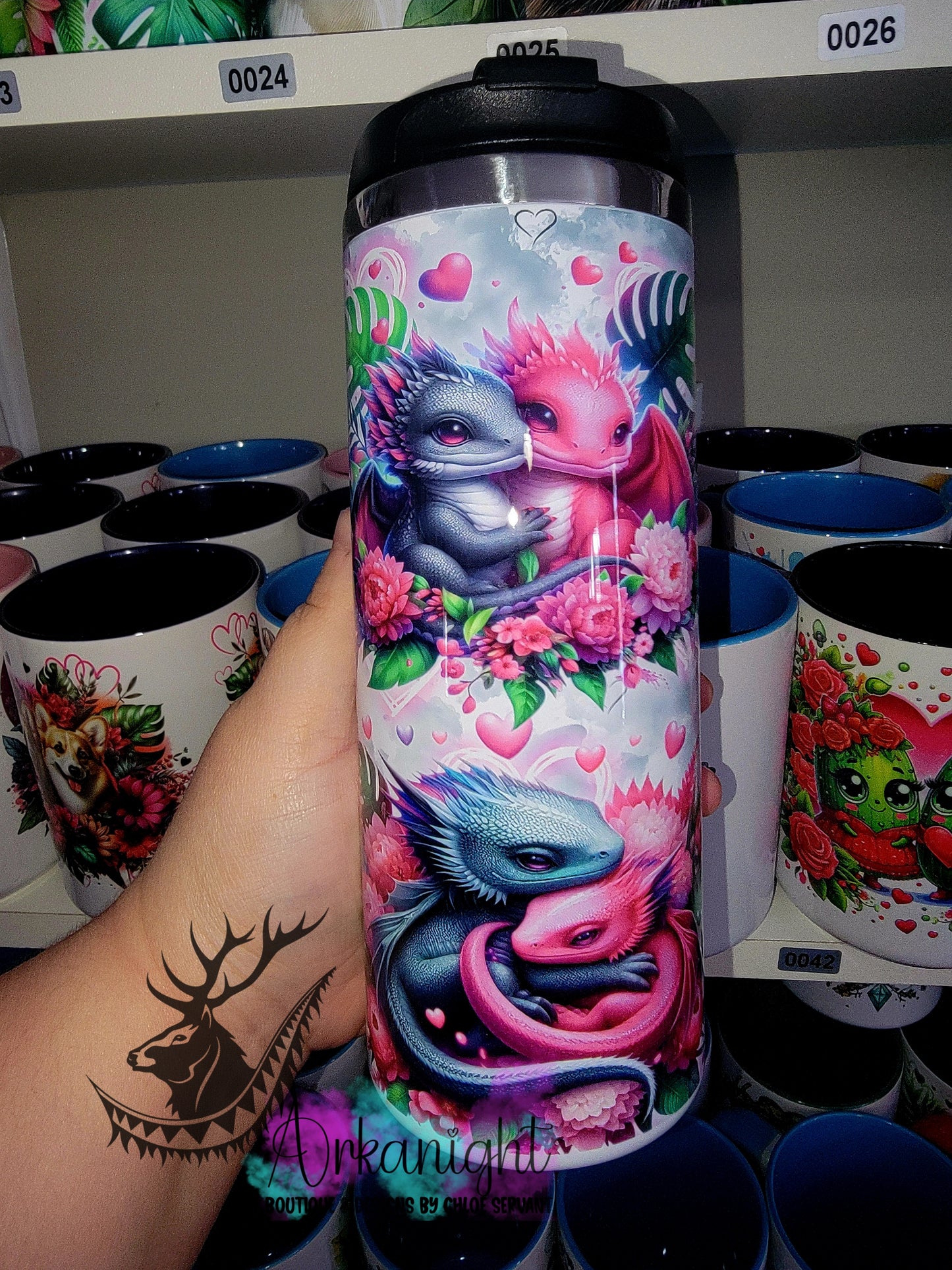 Gourde sur commande - Couvercle à café - 14 oz  - Dragon Gris & Rose Amoureux