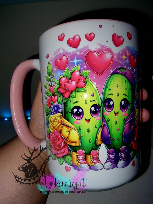 Tasse en céramique sur commande - Collection Saint-Valentin 2026 - Vintage - Mauve/Jaune Cornichon Couple