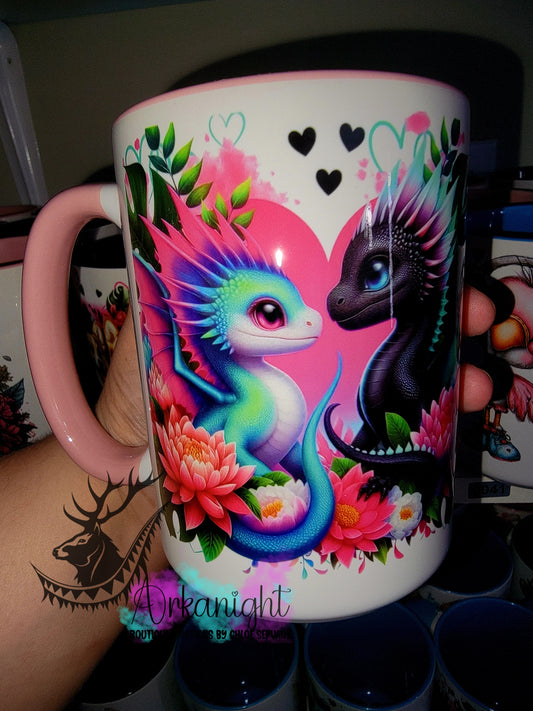 Tasse en céramique sur commande - Collection Saint-Valentin 2026 - Couple de Dragon Noir , Turquoise et Rose