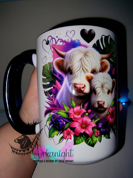 Tasse en céramique sur commande - Collection Saint-Valentin 2026 - Couple de Vache Highland Blanche