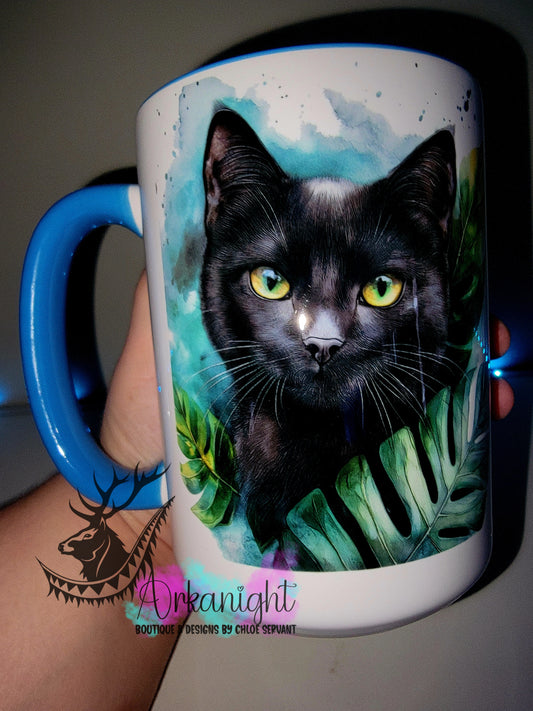 Tasse en céramique sur commande - Collection Watercolor Realism - Chat Noir