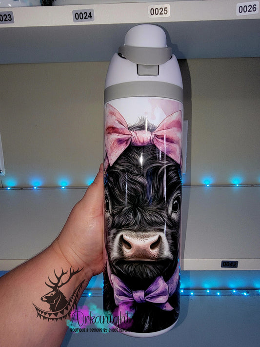 Owala DUPE 24 oz sur commande - Collection Watercolor Realism - Vache Highland Noir - Boucle Rose/Mauve