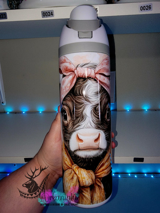 Owala DUPE 24 oz sur commande - Collection Watercolor Realism - Vache Highland Brune chocolat & Blanc - Boucle rose/Orangé