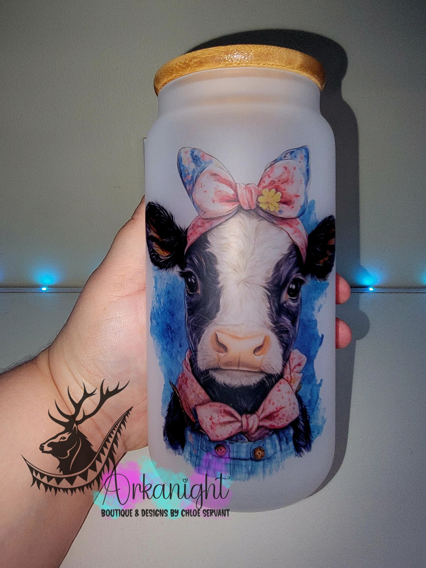 Verre en vitre givré 16oz & Couvercle en Bambou - Vache Holstein - Vache à lait