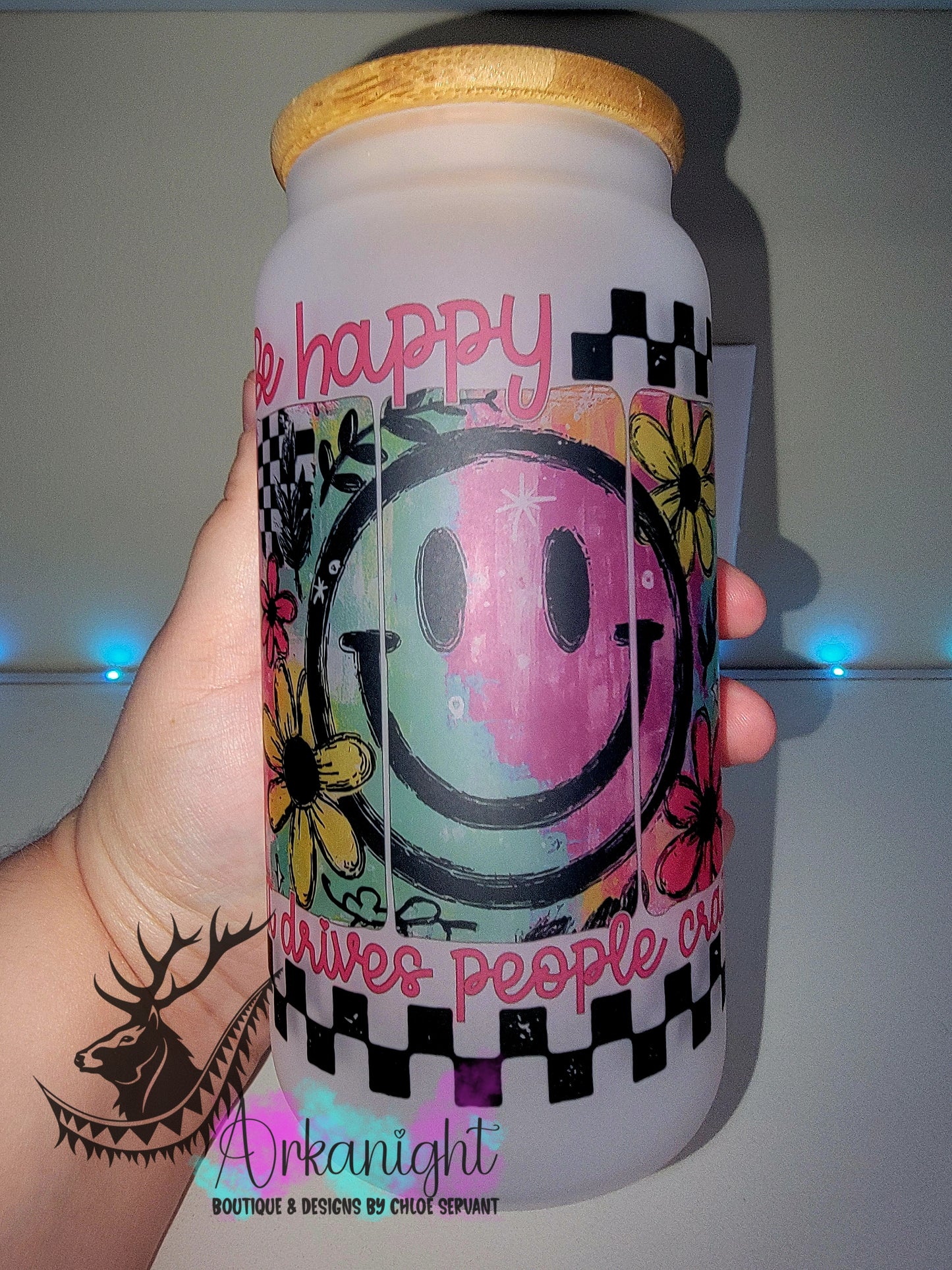 Verre en vitre givré 16oz & Couvercle en Bambou - Be Happy ! It drives people crazy!