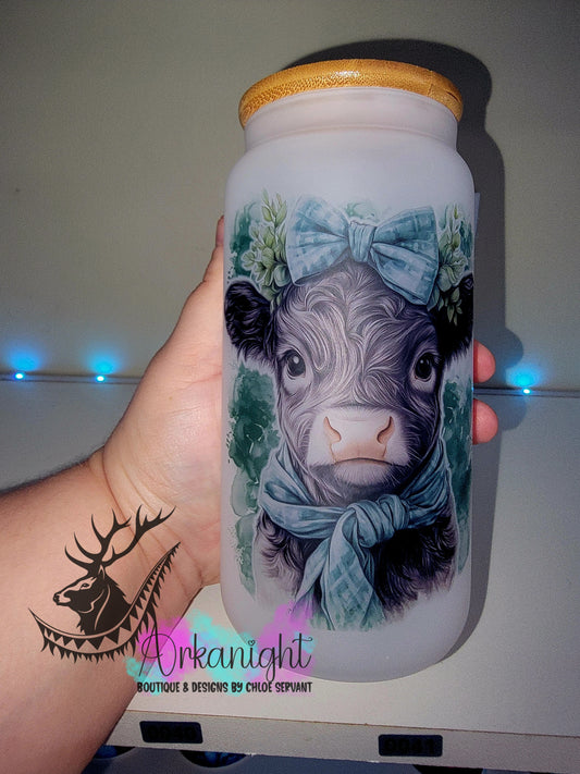 Verre en vitre givré 16oz & Couvercle en Bambou - Vache Highland Grise - Tont Vert/Bleu