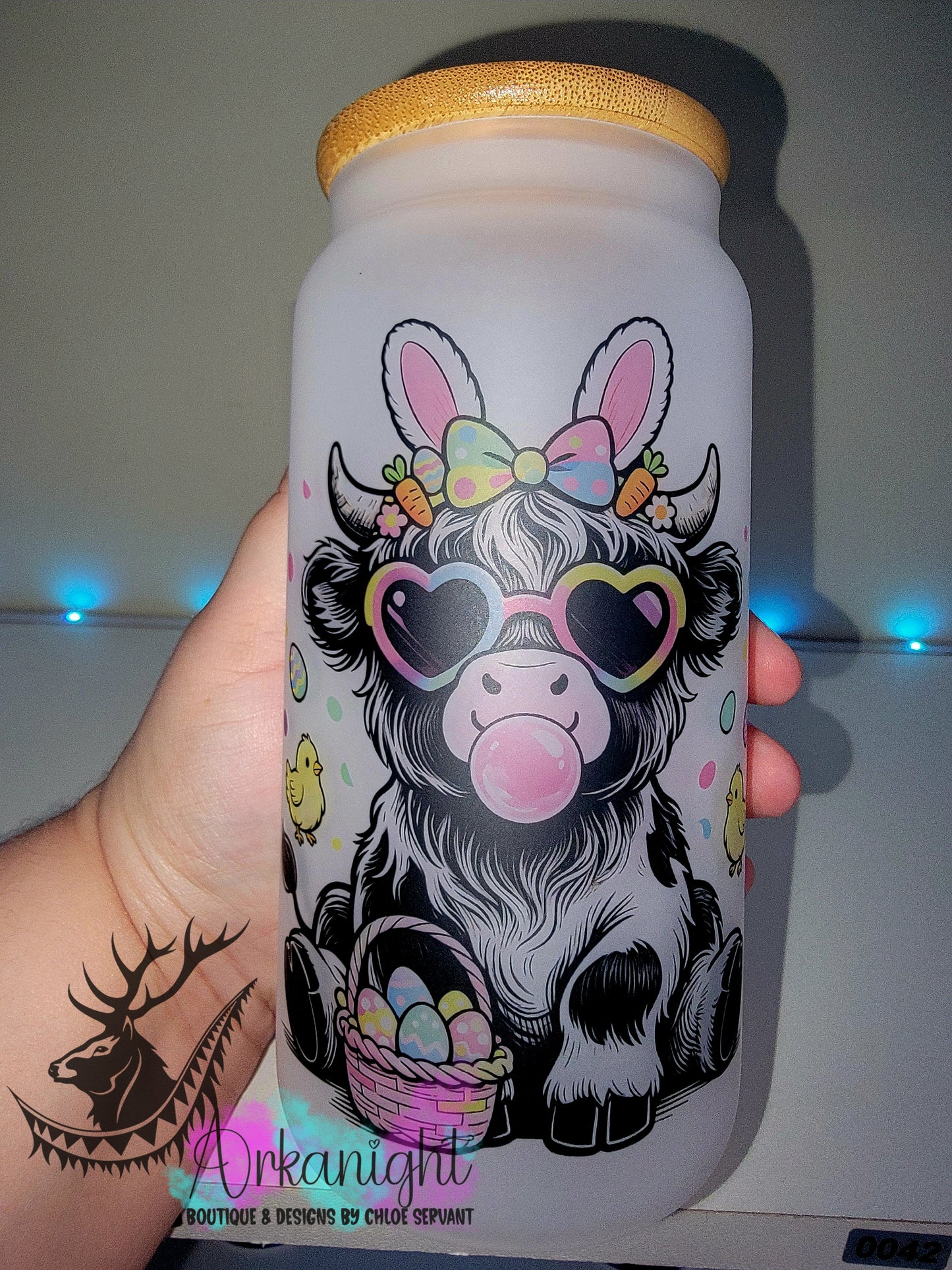 Verre en vitre givré 16oz & Couvercle en Bambou - Collection Pâques - Mignonne Vache Groovy