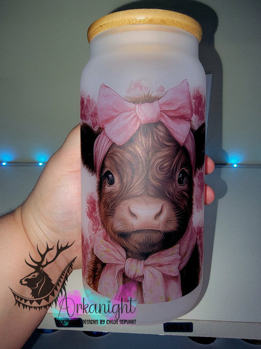 Verre en vitre givré 16oz & Couvercle en Bambou - Vache Highland Rousse - Tont rose