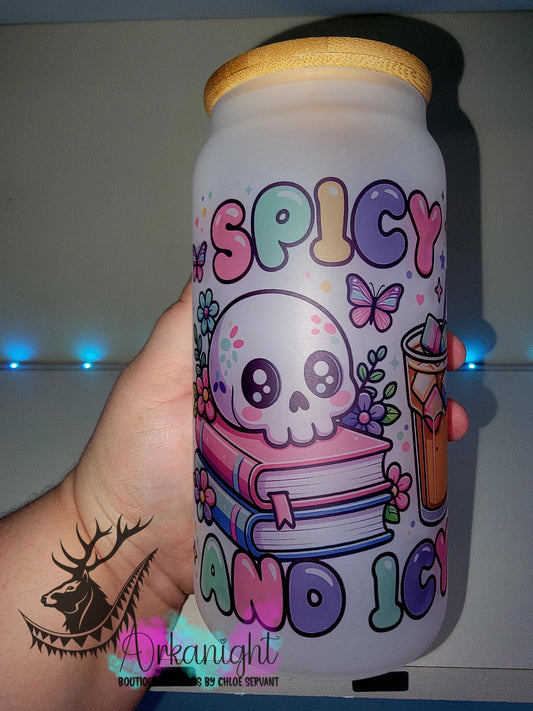 Verre en vitre givré 16oz & Couvercle en Bambou - Collection Lecture - Spicy & Icy - rose/Mauve