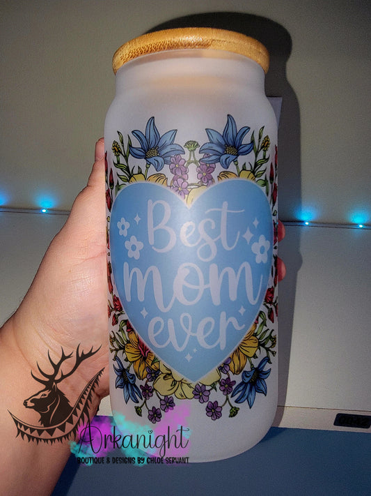 Verre en vitre givré 16oz & Couvercle en Bambou - Collection Fête des mères - Best mom EVER