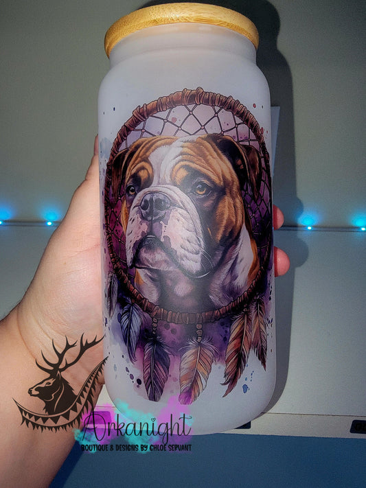 Verre en vitre givré 16oz & Couvercle en Bambou - Collection Watercolor Realism - Bulldog Anglais