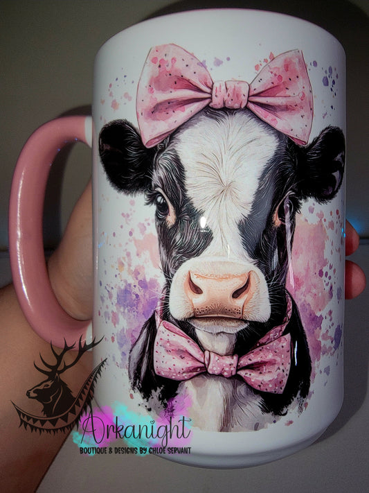 Tasse en céramique sur commande - Collection Watercolor Realism - Vache Holstein Noire & Blanche - Teinte Mauve & Rose / Boucle Rose